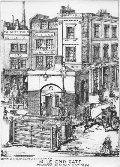 Mile End Gate, ca. 1866 (pen og kul på papir) af English School